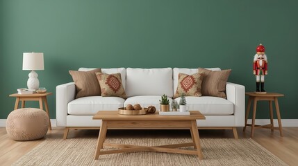 Warm holiday living room with a white sofa, wooden table, Christmas cushions, and nutcracker decorations against a green wall.