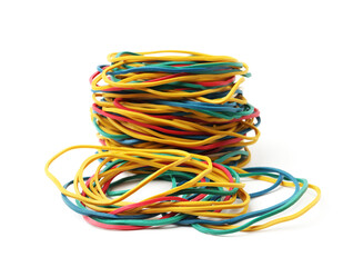 Many colorful rubber bands isolated on white