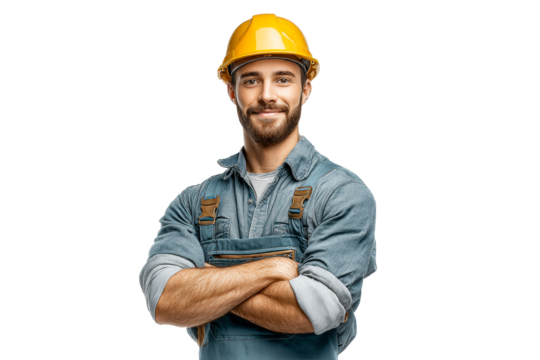 Friendly bearded construction worker in a yellow hard hat and blue overalls stands with arms crossed, smiling confidently at the camera for a professional portrait - Powered by Adobe