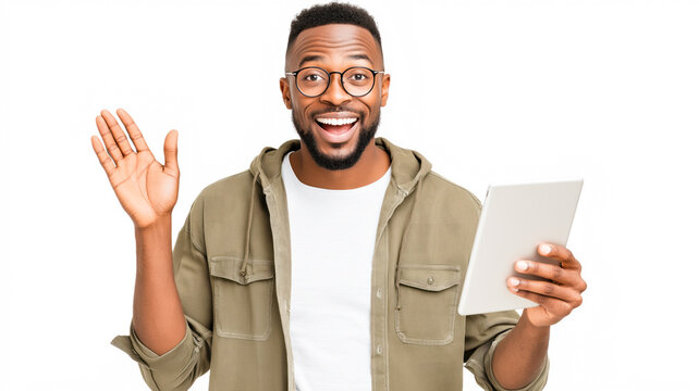 A waist-up studio shot of an excited young African American man wearing round glasses, a white t-shirt, and an open olive green shirt. He is holding a white digital tablet in his left hand while raisi - Powered by Adobe