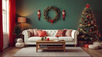 Warm holiday living room with a white sofa, wooden table, Christmas cushions, and nutcracker decorations against a green wall.