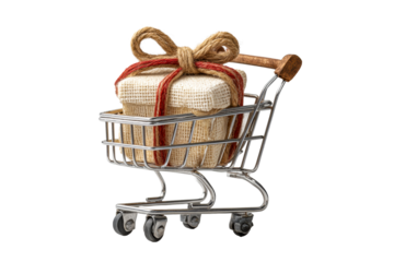 Small gift box tied with twine in miniature shopping cart