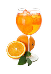 Glass of refreshing spritzer cocktail and oranges isolated on white