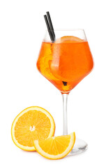 Glass of refreshing spritzer cocktail and orange slices isolated on white