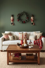 Warm holiday living room with a white sofa, wooden table, Christmas cushions, and nutcracker decorations against a green wall.