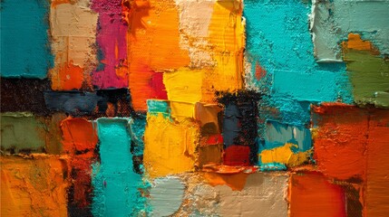 Handmade abstract painting with vivid colors, thick brush strokes, and layered texture on canvas, modern contemporary art background