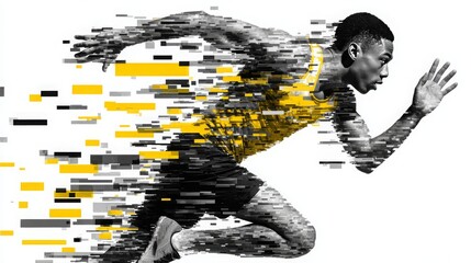 High-energy collage showing a miniature man sprinting forward, black-and-white style with yellow accents on a clean white background, symbolizing fast career growth.