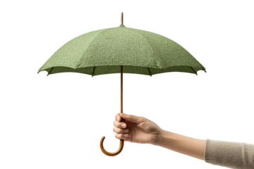 Hand holding open green textured umbrella with wooden handle