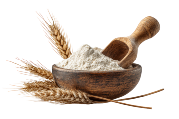 Wooden bowl with flour and wheat ears