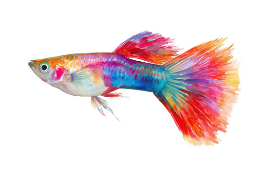 Multicolor fancy guppy hand drawn watercolor fish