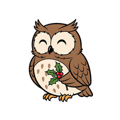 Naklejka premium A charming cartoon owl, with a festive holly sprig. The owl has a friendly smile and bright eyes