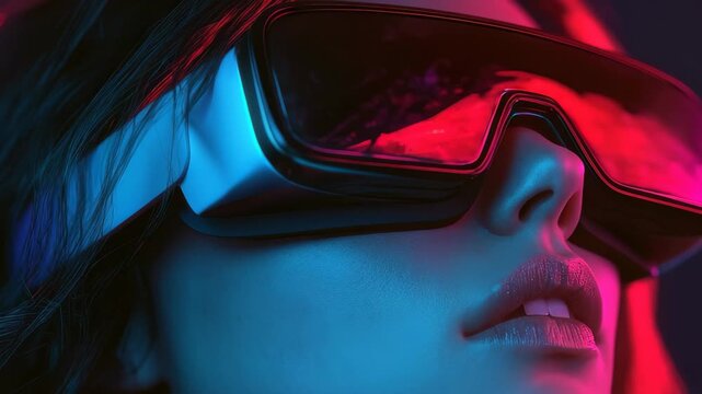A woman gazes upwards, donning sleek, futuristic goggles. The background features striking neon lights in shades of pink and blue, creating a dynamic atmosphere indicative of a high-tech environment.