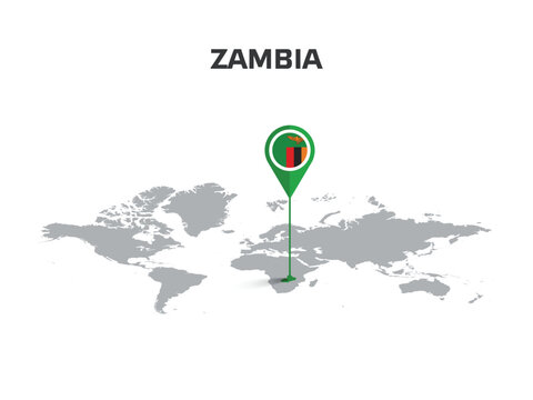 ZAMBIA Location Pin on World Map with Flag in Pin's Body