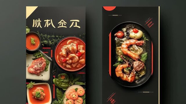 A beautifully designed menu displays a selection of grilled seafood, meat dishes, and sides, highlighting vibrant colors and appetizing textures, enticing patrons to explore the offerings.