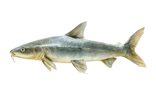 Common Barbel hand drawn watercolor painting of a river fish