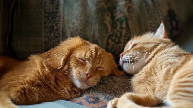 Two orange cats lie close together, peacefully sleeping on a patterned couch. The warm atmosphere reflects a comfortable living room setting, ideal for relaxation.