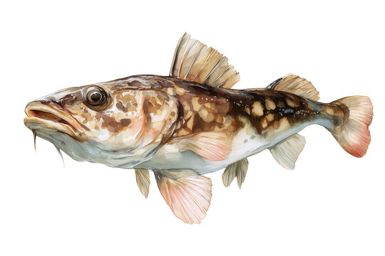 Three-bearded Rockling hand drawn watercolor illustration of a cod-like fish