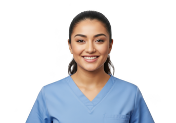 A smiling young woman in light blue scrubs a healthcare professional ready to assist with care and compassion