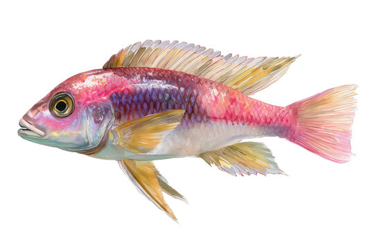Colorful hand drawn watercolor painting of a pink cichlid fish