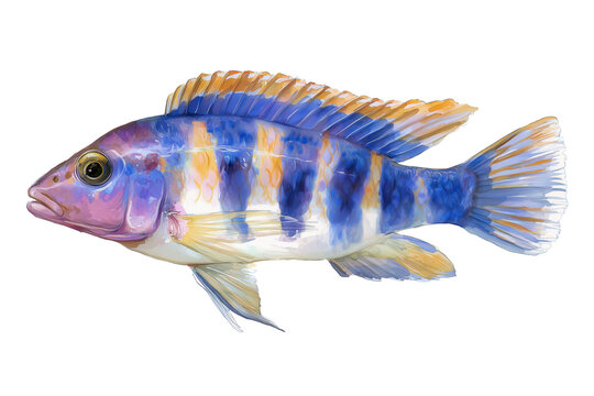 Striped hand drawn watercolor illustration of a beautiful cichlid fish