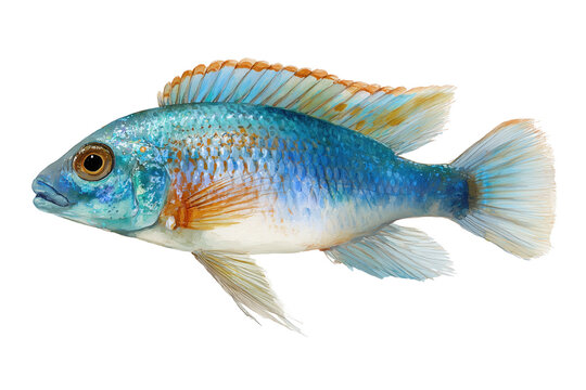 Vibrant hand drawn watercolor painting of a blue cichlid fish