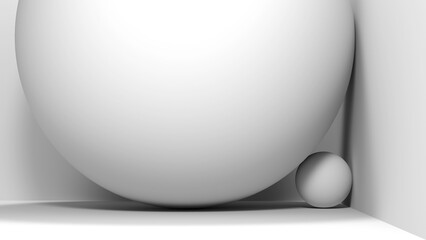A dominant large white sphere in a corner beside a smaller sphere. 3d render