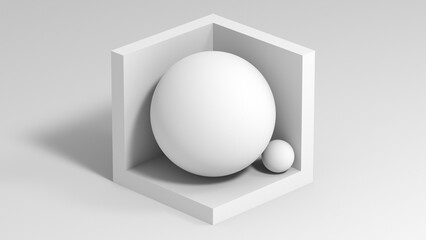 A clean, monochrome rendering featuring a large white sphere and a smaller companion