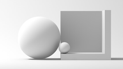 A stark 3d installation featuring a large sphere, a small sphere and square block
