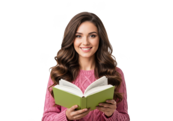 A young woman with long wavy brown hair smiles warmly while holding an open book with a light green cover against a black background