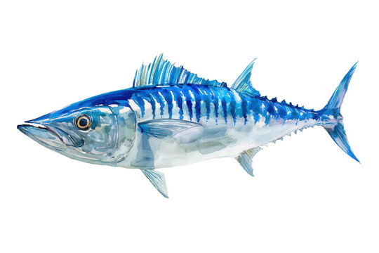 Sleek hand drawn watercolor painting of a Spanish mackerel