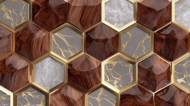 &ldquo;High-quality seamless 3D tiles crafted from luxurious precious wood elements, enriched with gold and silver metallic d&eacute;cor, creating a realistic and elegant patterned surface.&rdquo;