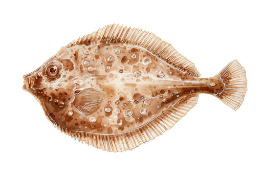 Monochromatic hand drawn watercolor painting of a turbot flatfish