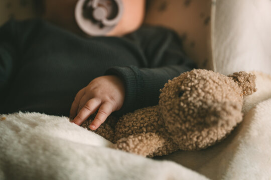 Closeup of a newborn baby's hand and teddy bear. Maternity and childhood concept.