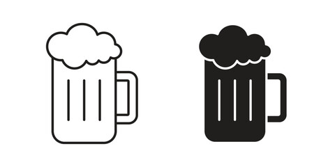 Beer mug icons silhouette vector flat illustration design. Stroke line icons