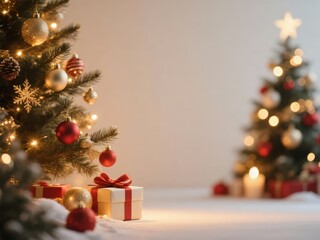 Christmas background, Christmas tree decorations and candle on light background.