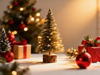 Christmas background, Christmas tree decorations and candle on light background.