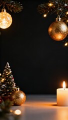 Christmas background, Christmas tree decorations and candle on dark background.