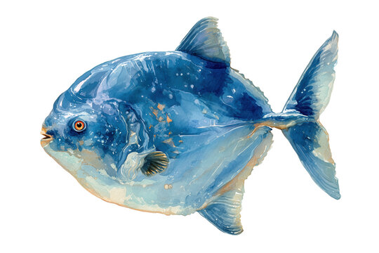 Deep blue hand drawn watercolor illustration of an opah fish