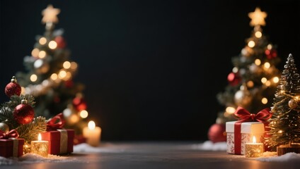 Christmas background, Christmas tree decorations and candle on dark background.