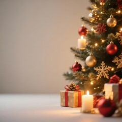Christmas background, Christmas tree decorations and candle on light background.