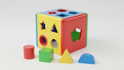 Colorful toy cube for sorting shapes – an educational preschool activity for developing fine motor skills and learning. AI generated.
