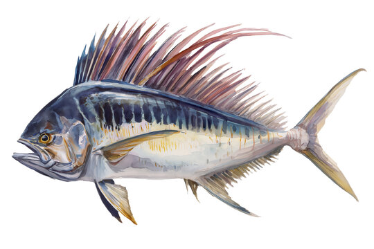 Roosterfish sport fish hand drawn watercolor painting