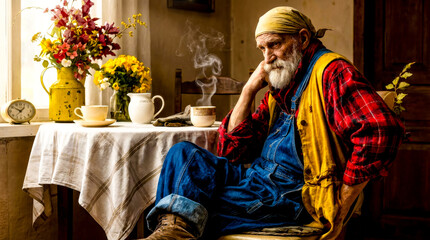 Pensive senior man in a bandana sitting at table with steaming cup in rustic kitchen