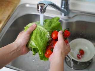 Hands Washing Lettuce and Cherry Tomatoes in Kitchen Sink