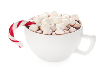 Tasty hot cocoa with marshmallows and candy cane isolated on white