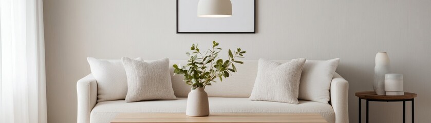 Fototapeta premium Neutral Living Room Sofa, Greenery and Warm Lighting,Interior ,Home Decor