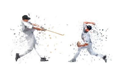Baseball sport, baseball pitcher and batter, two players isolated low poly vector illustration with dispersion effect. Team sports