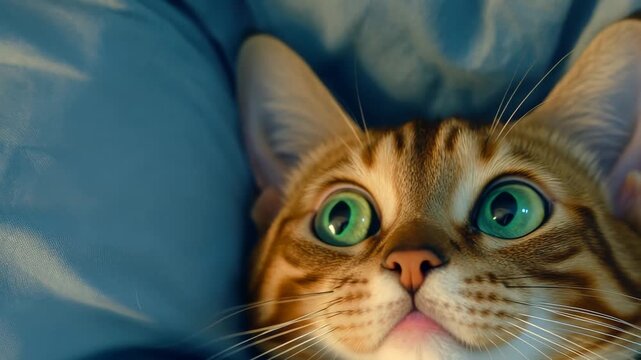A playful cat with vibrant blue eyes looks curiously from a soft, fluffy blanket. The setting is peaceful, emphasizing the cat's inquisitive nature and comfort.