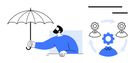 Risk management, teamwork, protection, collaboration, workflow, organization. Person holding umbrella for risk management. Risk management and teamwork concepts illustrated