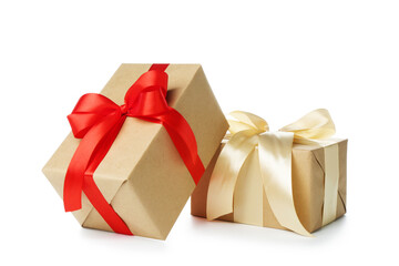 Beautiful gift boxes with bows isolated on white